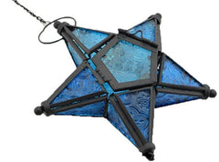 Elegant Sapphire Star Lantern and Glass Candle Holder, Vintage Blue