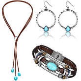 Women Bohemian Necklace, Braided Leather Wristbands Bracelets & Earring Set