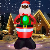6Ft Tall Christmas Inflatables Black Santa Claus Hold Gift Box w/ LED Lights