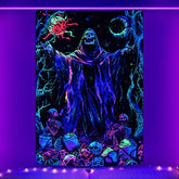 Blacklight Skull Tapestry UV Reactive Sun Moon Tapestries Gothic Wizard Skeleton Tapestry Colorful Witchy