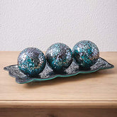 12.4�Mosaic Glass Decorative Tray Dish Plate w/ 3pcs 3" Decorative Orbs
