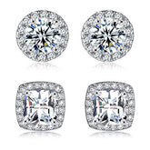 18K White Gold Plated Round Square Cubic Zirconia Simulated Diamond Halo Stud Earrings (2 Pairs)