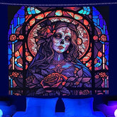 Blacklight Tapestry Sugar Skull Halloween UV Reactive Trippy Neon Tapestries Glow in the Dark Party Backdrop,