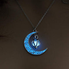 Glow in The Dark Silver Crescent Moon and Orb Necklace - Charm (sky blue)