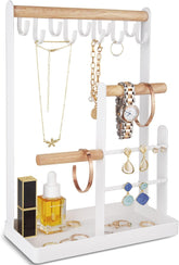 Jewelry Organizer Stand Necklace Holder, 4-Tier Tower Rack with Earring Tray, 10 Hooks Necklaces Hanging Small Jewelry Display Storage Tree for Bracelets Rings Watches