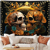 Skull Floral Tapestry Flowers Moon Plants and Leaves Tapestry Wall Hanging for Room, Bedroom