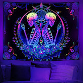 Blacklight Tapestry UV Reactive Skelton Wall Psychedelic Celestial Colorful Flower
