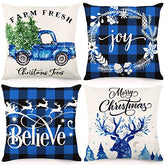 Set of 4 Christmas Decorations Black and Blue Buffalo Plaid Winter Holiday Cushion Cover 18x18.
