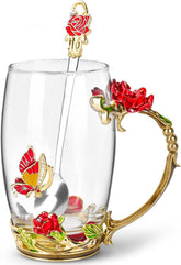 Gifts for Women Mom Mothers Valentines Day Tea Cup Best Birthday Butterfly Rose Gifts for Her from Daughter Son Glass Coffee Christmas Enamels Mug Lead-Free with Spoon Set