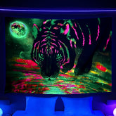 Blacklight Psychedelic Galaxy Starry Fantasy UV Reactive Trippy Space Tiger Tapestry 60x40 INCHES