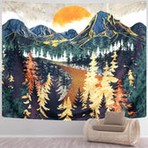 Mountain Tapestry Wall Hanging Forest Trees Art Sunset Tapestry Road in Nature Landscape Home Decor for Room (51.2 x 59.1 inches)