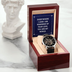 Everywhere I look Men's Openwork Watch w/ Genuine Black Leather Band