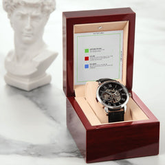 Men's Openwork Watch w/ Genuine Black Leather Band