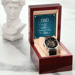 Dad a sons first Hero Men's Openwork Watch w/ Genuine Black Leather Band