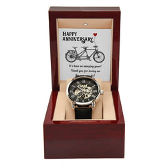 Happy Anniversary its been an amazing years Men's Openwork Watch w/ Genuine Black Leather Band