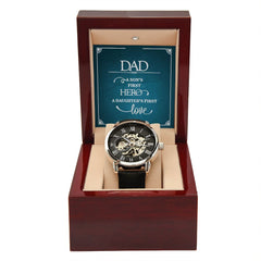 Dad a sons first Hero Men's Openwork Watch w/ Genuine Black Leather Band