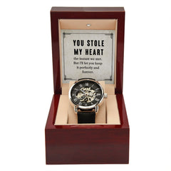 My man-You stole my heart Men's Openwork Watch w/ Genuine Black Leather Band