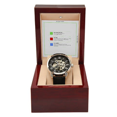 Men's Openwork Watch w/ Genuine Black Leather Band