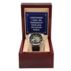 Everywhere I look Men's Openwork Watch w/ Genuine Black Leather Band