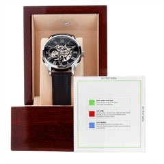 Men's Openwork Watch w/ Genuine Black Leather Band