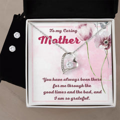 To My Caring Mother Forever Love Necklace and Cubic Zirconia Earring Set