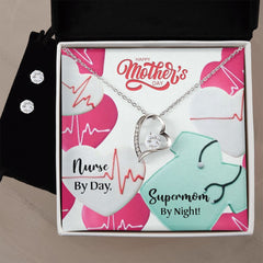 Nurse by Dad Happy Mothers Day mom Forever Love Necklace and Cubic Zirconia Earring Set