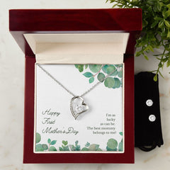 Happy First Mother's Day Forever Love Necklace and Cubic Zirconia Earring Set