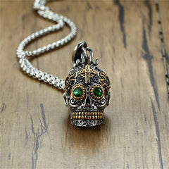 Punk Skull Green Eye Pendant Necklace for Men & Women