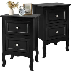 Set of 2 Nightstand Bedroom Bedside Table w/ Drawers Storage, Country Style w/ Metal Handle, Black