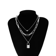 Vintage Metal Gold/Silver Multi-layer Lock Love Necklace for Women