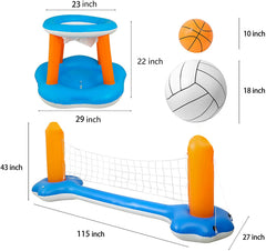 Inflatable Pool Float Set Volleyball Net & Basketball Hoops