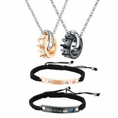 His Queen Her King Bracelet Crown Ring Matching Necklace Couples Jewelry Set