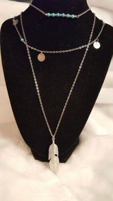 Multi Layered Necklace set silver plated 3 chains Boho feather charms