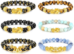 Set of 6 Feng Shui Pixiu Natural Stone Tiger Eye Bead Pi Yao Chinese Dragon Charm Good Luck Bracelets