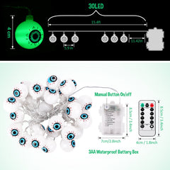 30 LED Halloween Eyeball String Lights 8 Modes w/ Remote