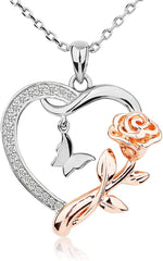 Heart Shaped Butterfly Rose Pendant Necklace 925 Sterling Silver, 14k Gold Plated