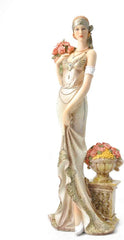 Elegant Slim Lady Holding A Bunch of Flowers Collectible Figurine, 13-inch Height, Gold