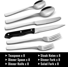 48-Piece Silverware Set with Steak Knives for 8, Stainless Steel Flatware Cutlery Set For Home Kitchen Restaurant Hotel, Kitchen Utensils Set, Mirror Polished, Dishwasher Safe