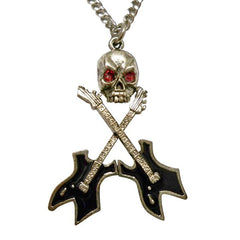 Musician's Skull with Crossed Guitars Black Enamel Pewter Necklace for Men/Women