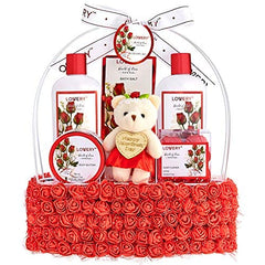 Valentines Day Gifts for Her, Spa Gift Basket for Women, Red Rose Bath and Body in Floral Handmade Basket - Bubble Bath, Body Butter, Salts, Shower Gel, Flower Soaps, Teddy Bear for Mom