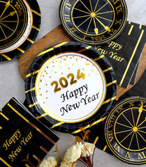 Serves 16 - Includes Happy New Year Plates and Napkins Cups Cutlery Straws for New Year Party Decorations Décor New Year Eve Party Favors Party Kit