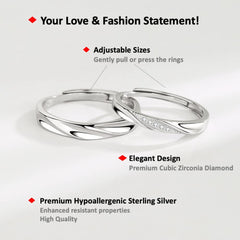 New Sterling Silver Couple Rings Set, Adjustable, I Love You Wedding Rings