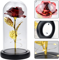 Galaxy Rose in Glass w/ LED Light, Colorful Rose Flower, Valentine's Day (10.2X5.5X5.5in) (Red)