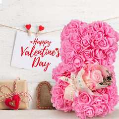 Valentines Day Gifts for Her, Rose Bear w/ I Love You Necklace 100 Languages (Pink)