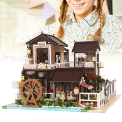 Villa Courtyard DIY Miniature Wooden Furniture Kit Model LED Light Home Decor