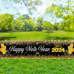 Happy New Year Banner 2024 New Year Decorations - Black and Gold Happy New Year Yard Sign Backdrop Hanging Decorations for Indoor Outdoor New Years Eve Party Supplies 2024(9.8x2ft)