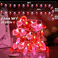 2 Pack Valentines Day Heart String Lights, 60 LED Diamond Cut with Timer, 8 Modes (Red, Pink)