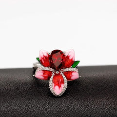 Girl's Beautiful Red Enamel Rose Ring for Women Blossom Flower
