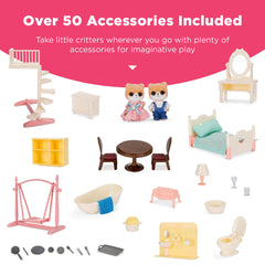 Camper Van Playset Dollhouse Toy w/ 54 Accessories & Tiny Critters for Kids