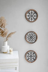3 Pack Rustic Wall Decoration Round Wall Art Geometric Scrolled Metal w/ Wooden Frame-Brown
